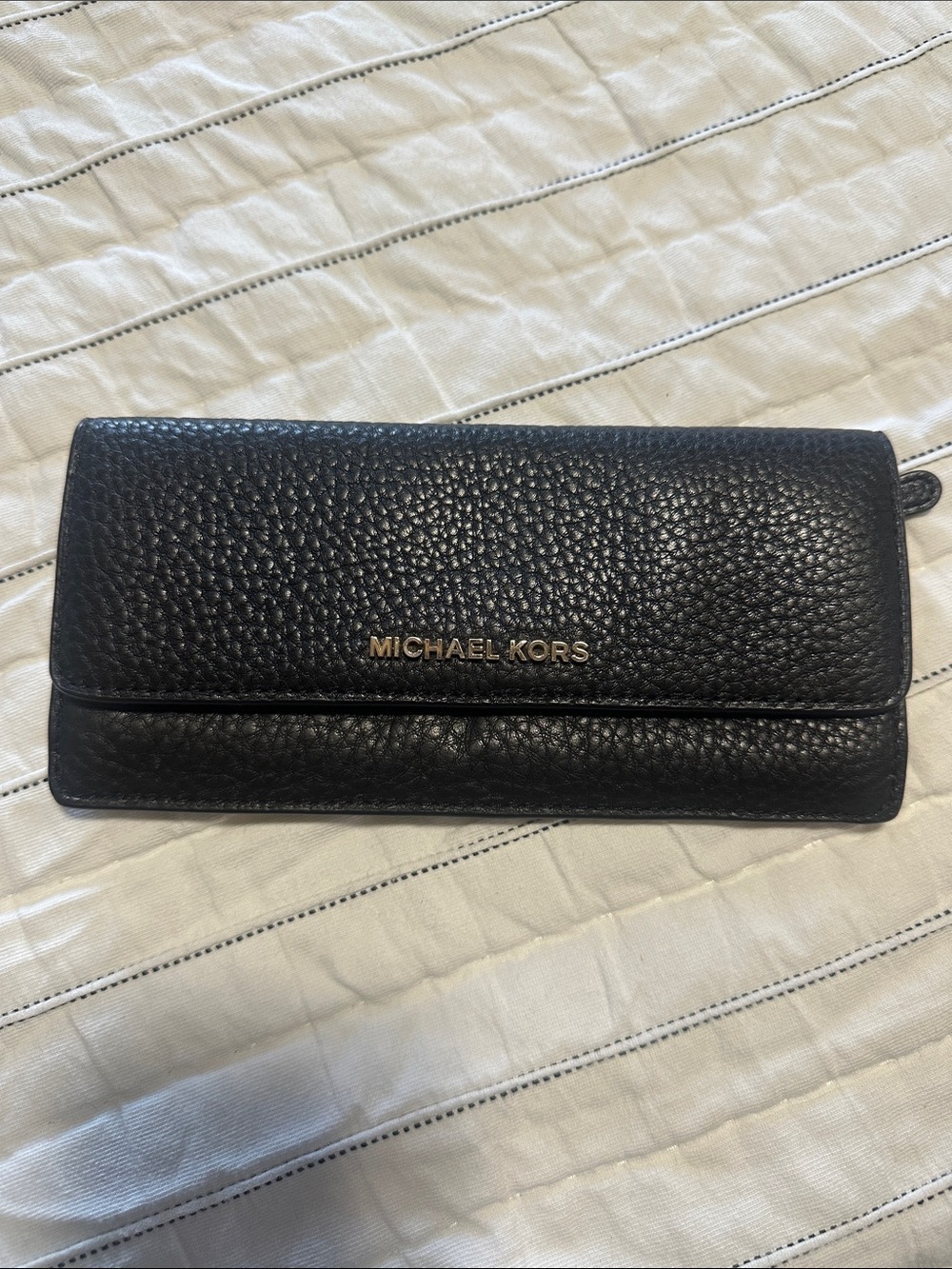 Michael Kors Black Pebbled Leather Foldover Wallet with Gold Logo